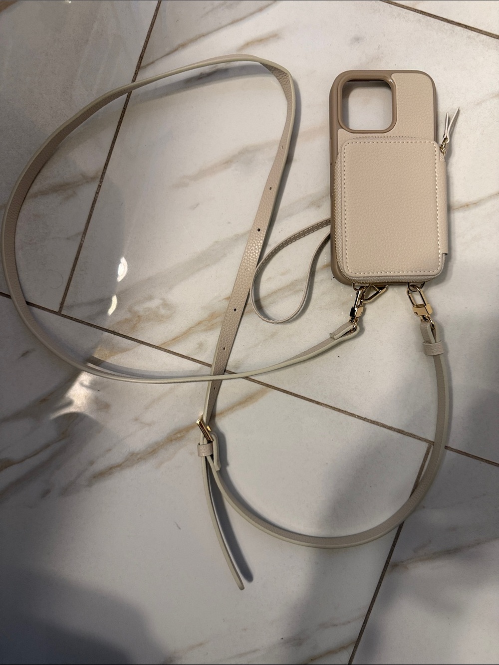 Beige Crossbody Phone 16 Pro Case with Card Pocket, and cross body strap